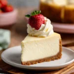 Delicious slice of cheesecake topped with fresh strawberries and whipped cream