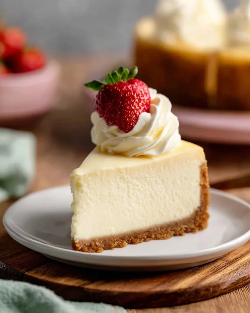 Delicious slice of cheesecake topped with fresh strawberries and whipped cream