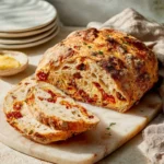 Cheesy pepperoni bread fresh out of the oven, topped with melted cheese and pepperoni slices.