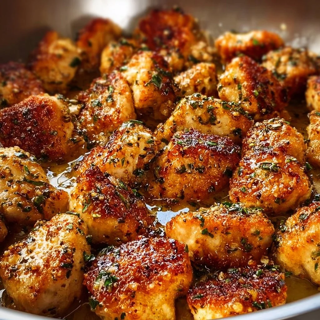 Plate of chicken bites in garlic butter garnished with herbs