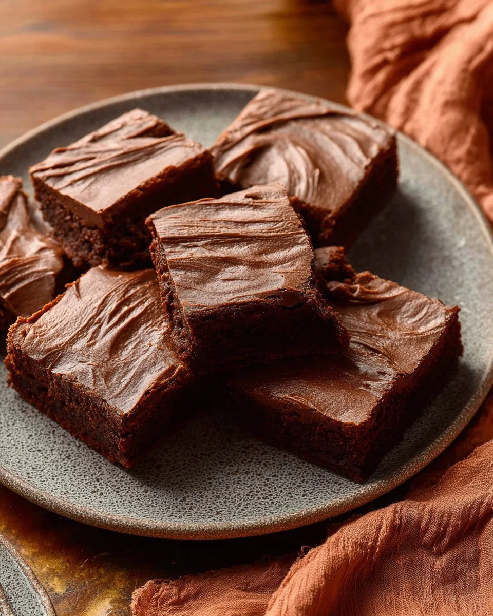 Delicious chocolate brownies with creamy chocolate frosting on top