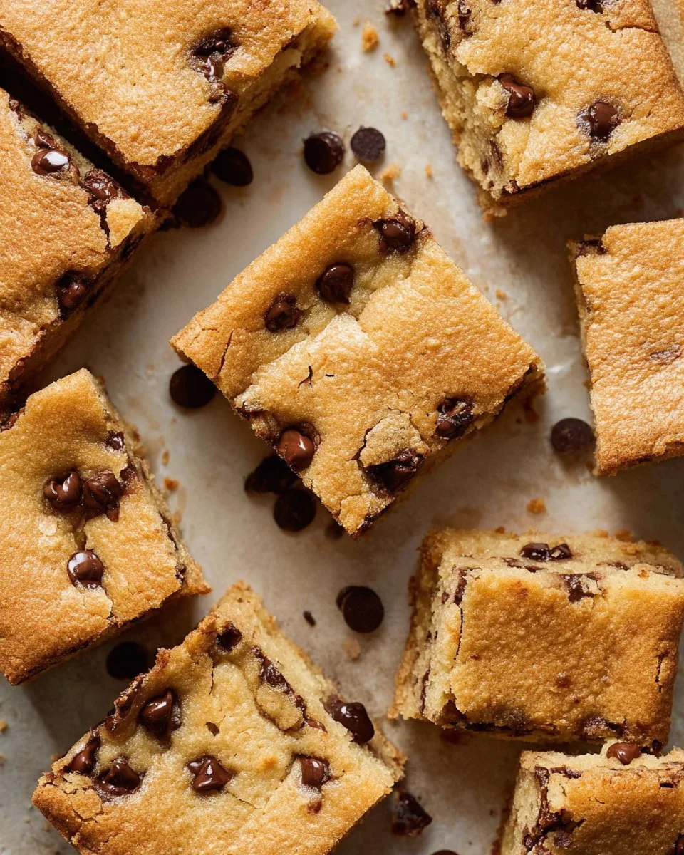 Delicious chocolate chip cookie bars, freshly baked and golden brown.
