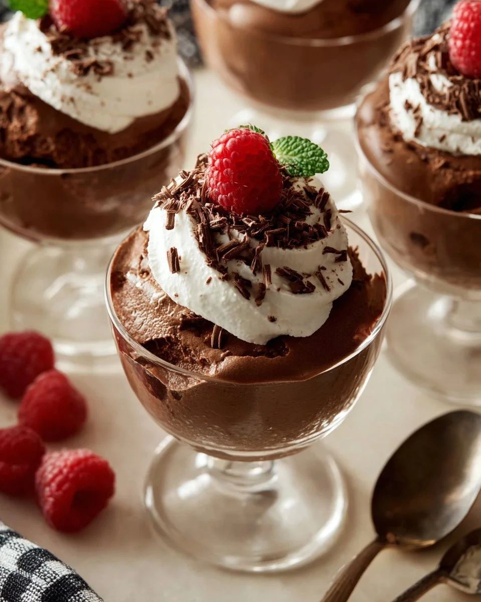 Delicious homemade chocolate mousse in a glass topped with whipped cream.