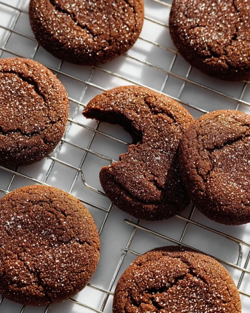 Freshly baked Chocolate Snickerdoodle cookies on a cooling rack