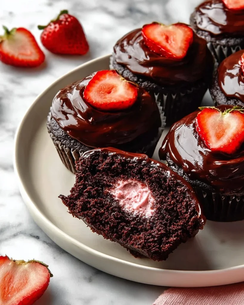 Delicious chocolate strawberry cupcakes topped with creamy frosting and fresh berries