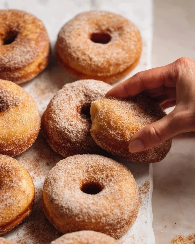 Freshly baked cinnamon sugar donuts on a plate