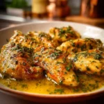 Plate of classic garlic butter chicken garnished with herbs