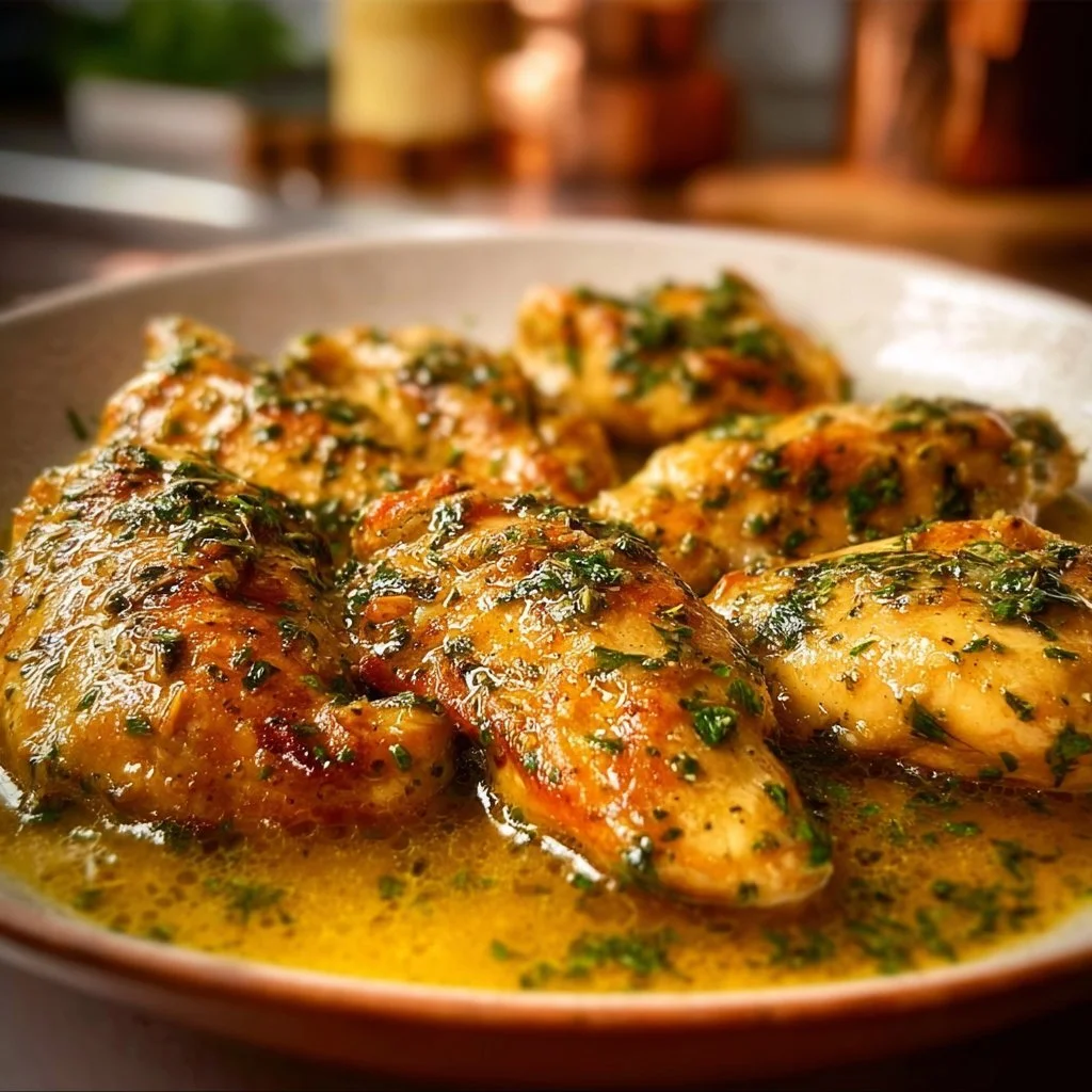 Plate of classic garlic butter chicken garnished with herbs