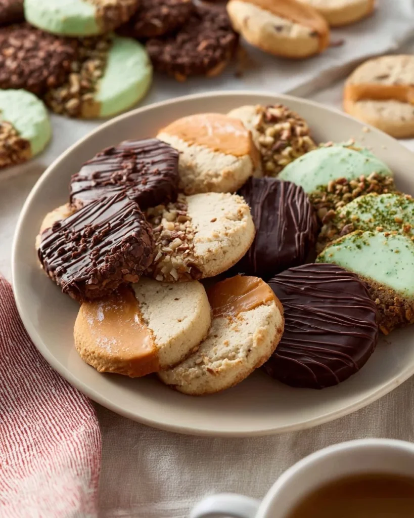 Assorted cookies with various toppings like chocolate, nuts, and sprinkles.