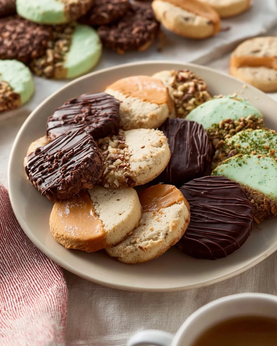 Assorted cookies with various toppings like chocolate, nuts, and sprinkles.