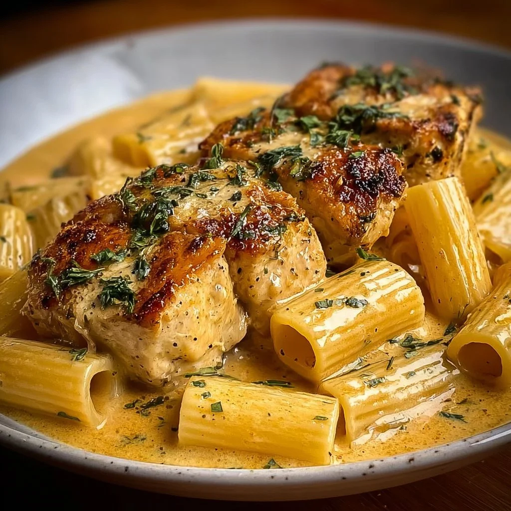 Creamy garlic butter chicken with rigatoni in parmesan sauce on a plate