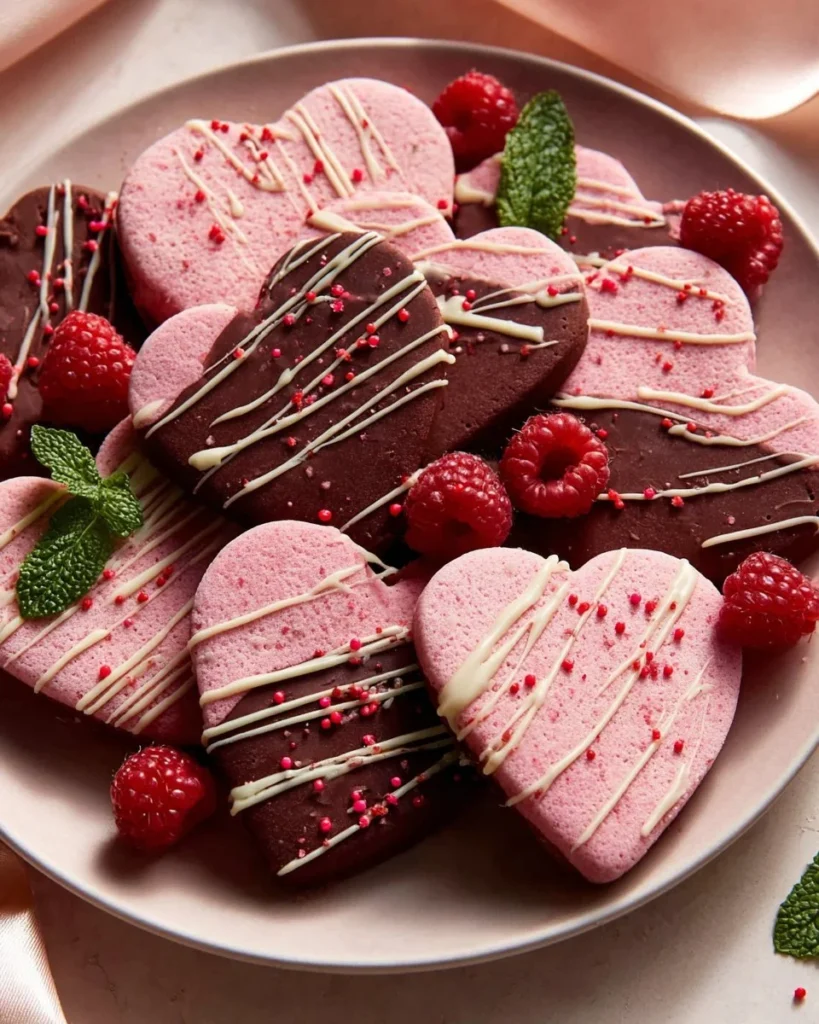 Delicious freeze-dried raspberry sugar cookies on a wooden platter