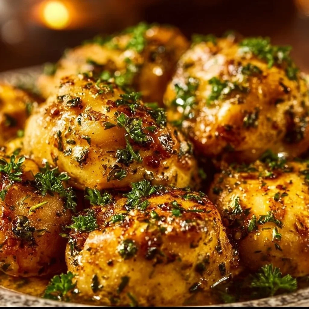 Delicious Garlic Butter Chicken served with herbs on a plate