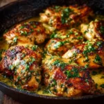 Plate of Garlic Butter Chicken garnished with herbs