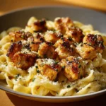 Garlic Butter Chicken Bites served with creamy parmesan pasta on a plate