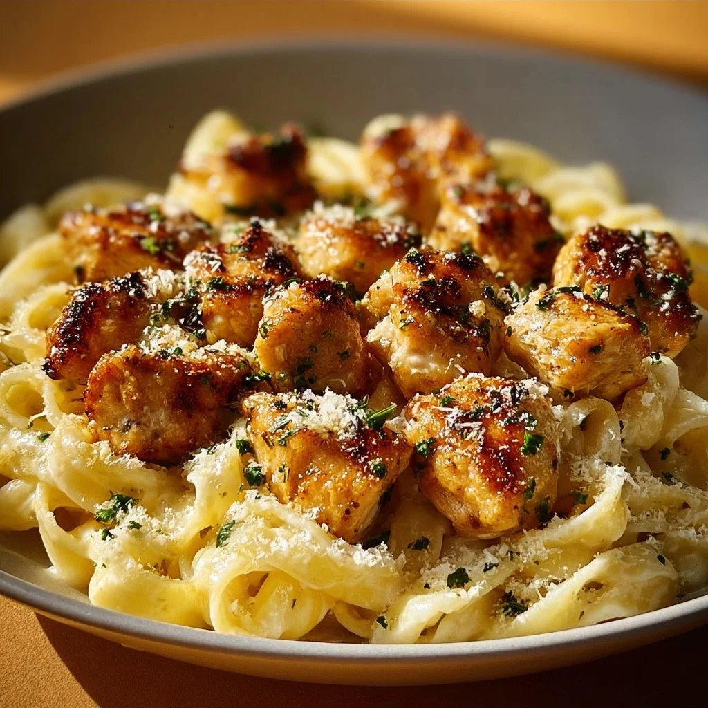 Garlic Butter Chicken Bites served with creamy parmesan pasta on a plate
