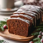 Gingerbread loaf with orange icing on a decorative plate