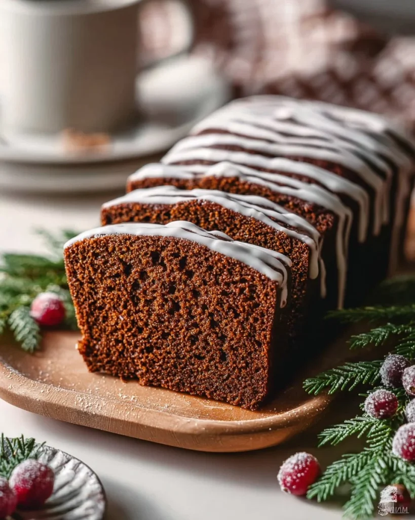 Gingerbread loaf with orange icing on a decorative plate