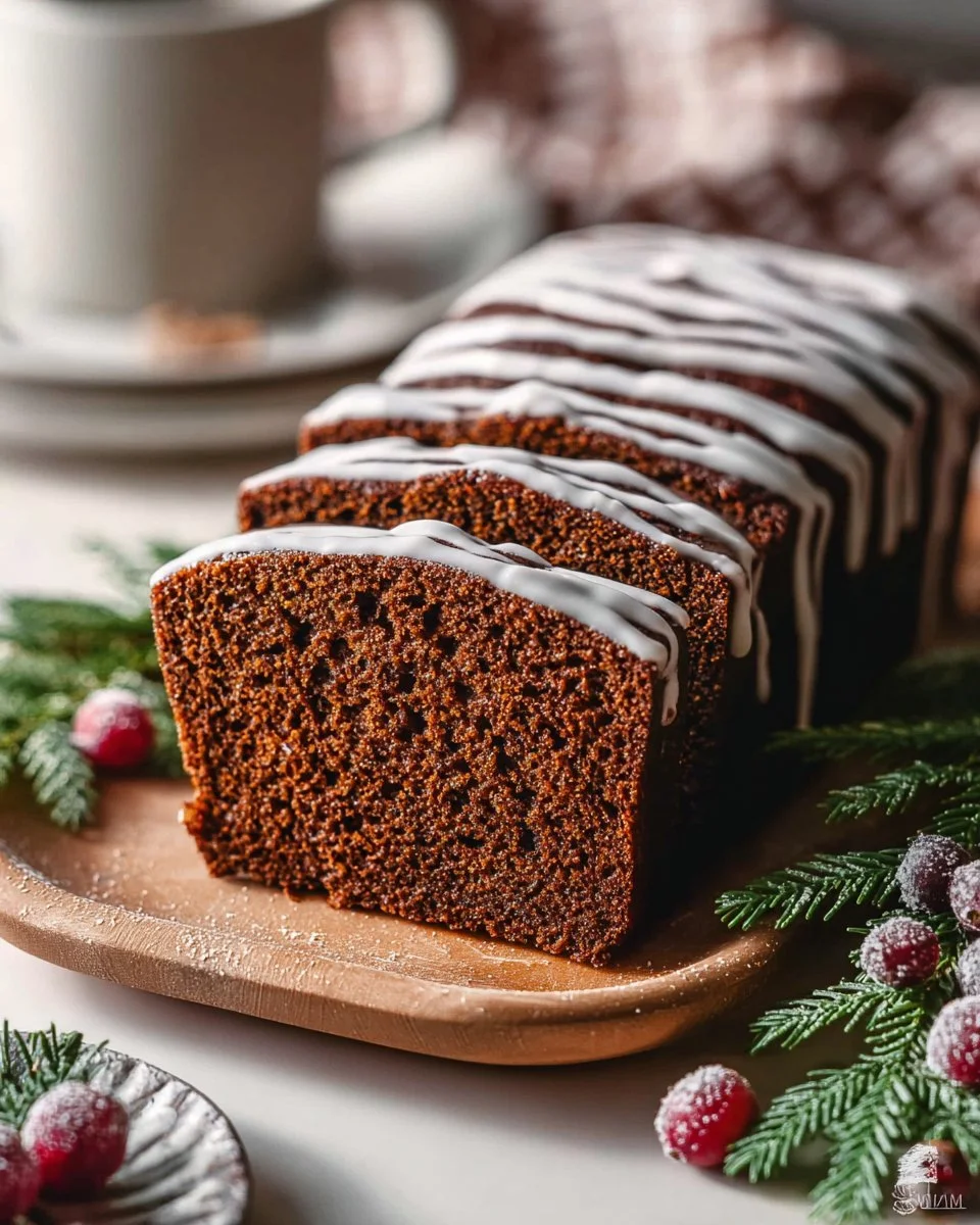 Gingerbread loaf with orange icing on a decorative plate