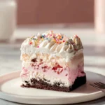Delicious ice cream cake with Oreo crust on a decorative plate