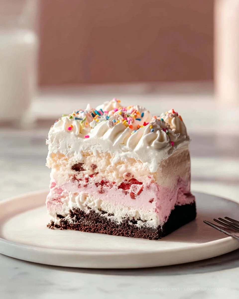 Delicious ice cream cake with Oreo crust on a decorative plate