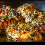 Delicious plate of juicy garlic butter chicken garnished with herbs