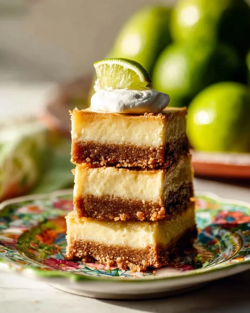 Delicious Key Lime Cheesecake Bars garnished with lime slices and whipped cream.