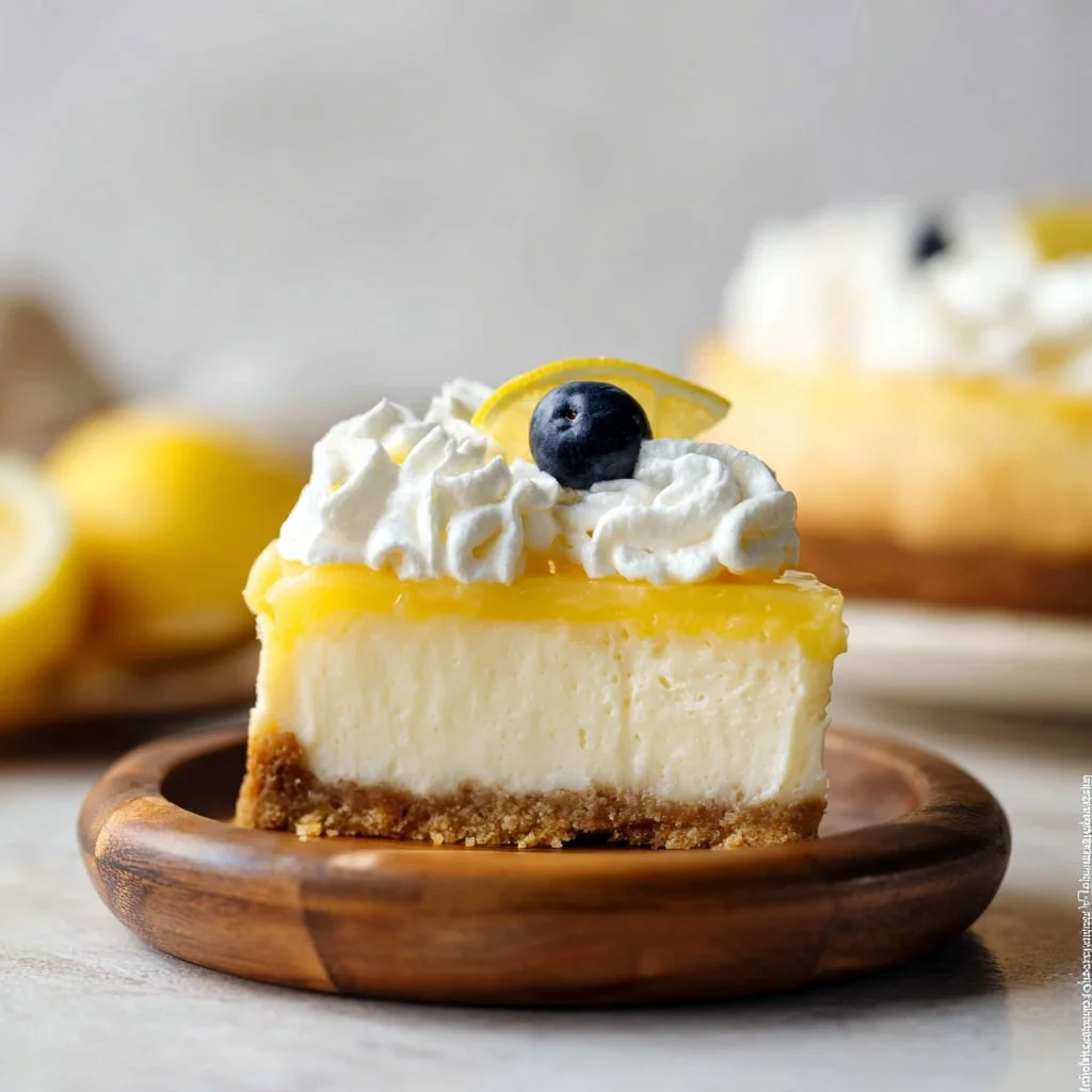 Delicious lemon cheesecake topped with fresh lemon slices and whipped cream.