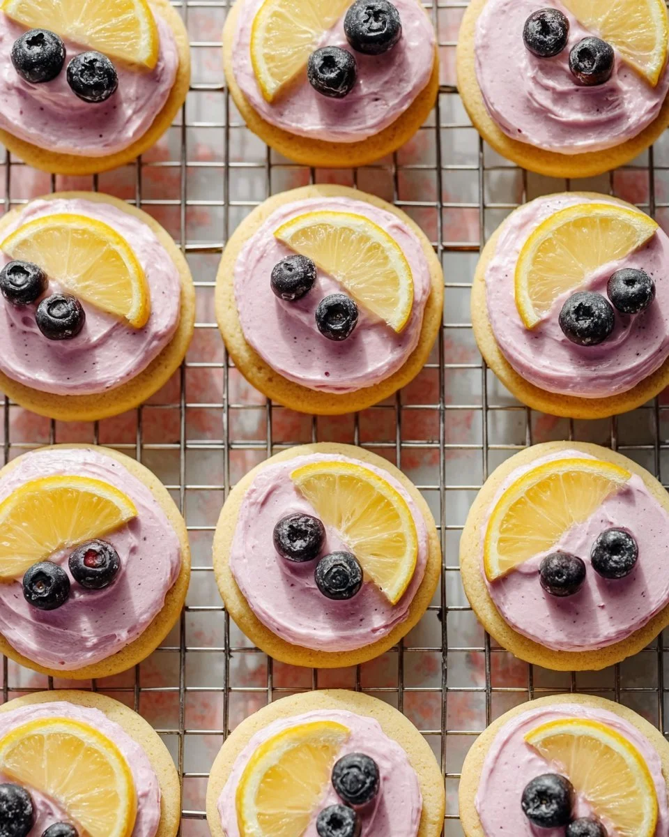 Lemon cookies topped with blueberry frosting on a plate