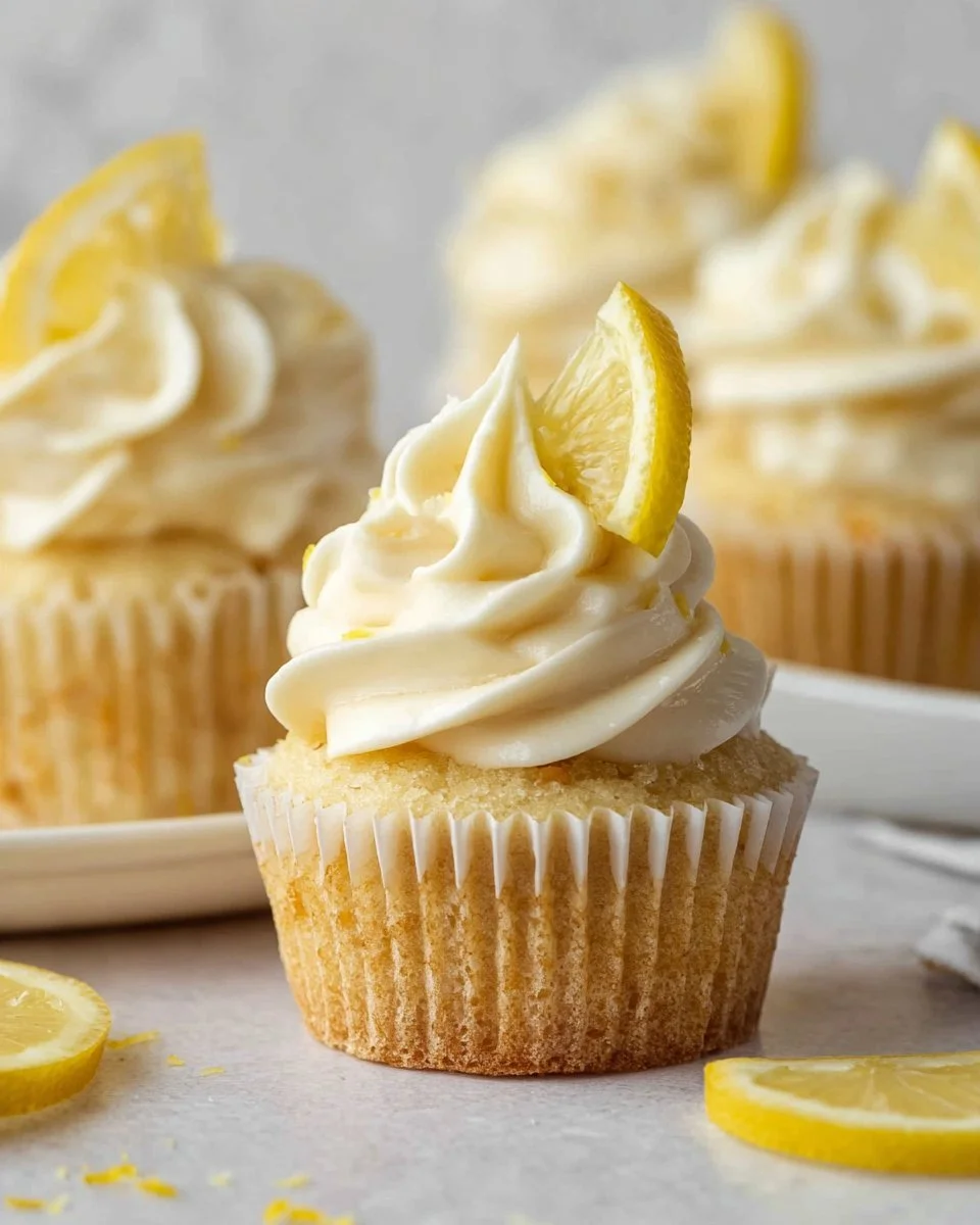 Freshly baked lemon cupcakes topped with creamy frosting and lemon zest