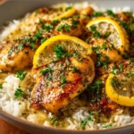 Delicious Lemon Garlic Butter Chicken Breasts served on a plate with herbs.