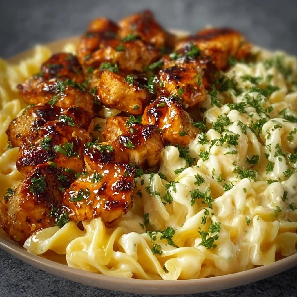 Lemon Garlic Butter Chicken served with creamy Parmesan pasta