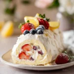 Sliced meringue roulade filled with cream and berries on a white plate