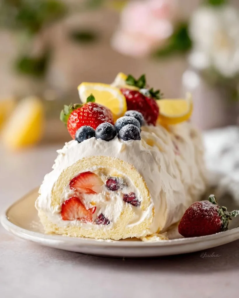 Sliced meringue roulade filled with cream and berries on a white plate