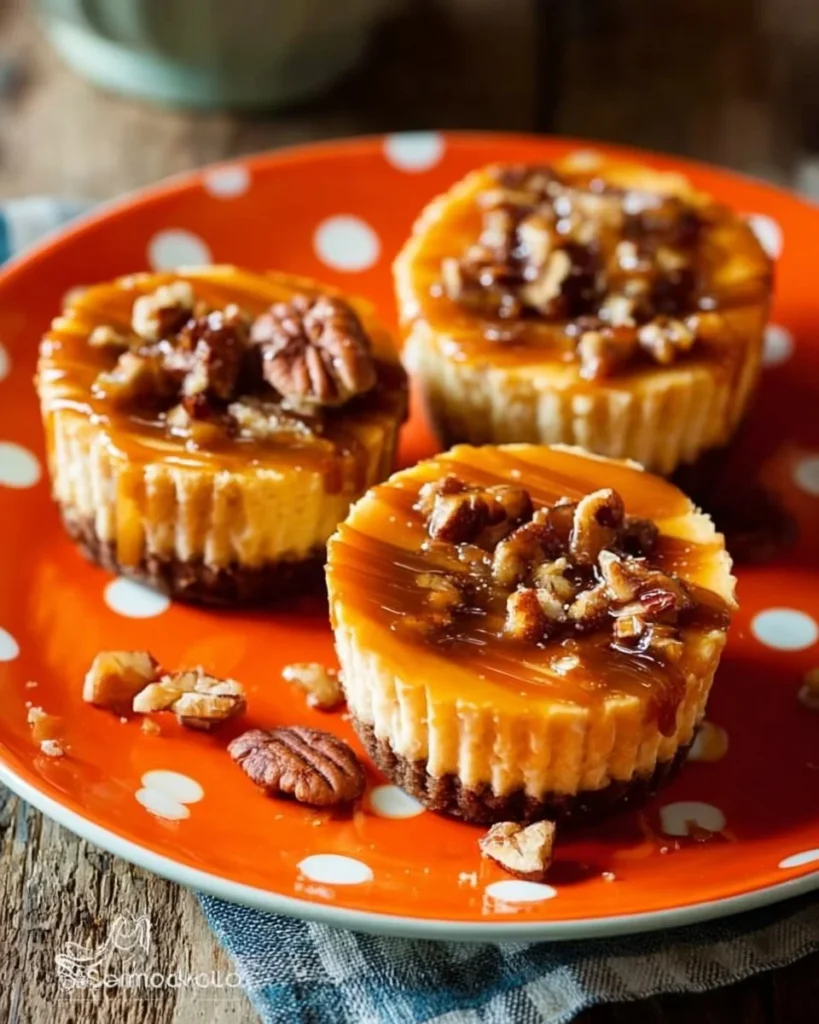 Mini pumpkin cheesecakes with gingersnap crust on a plate