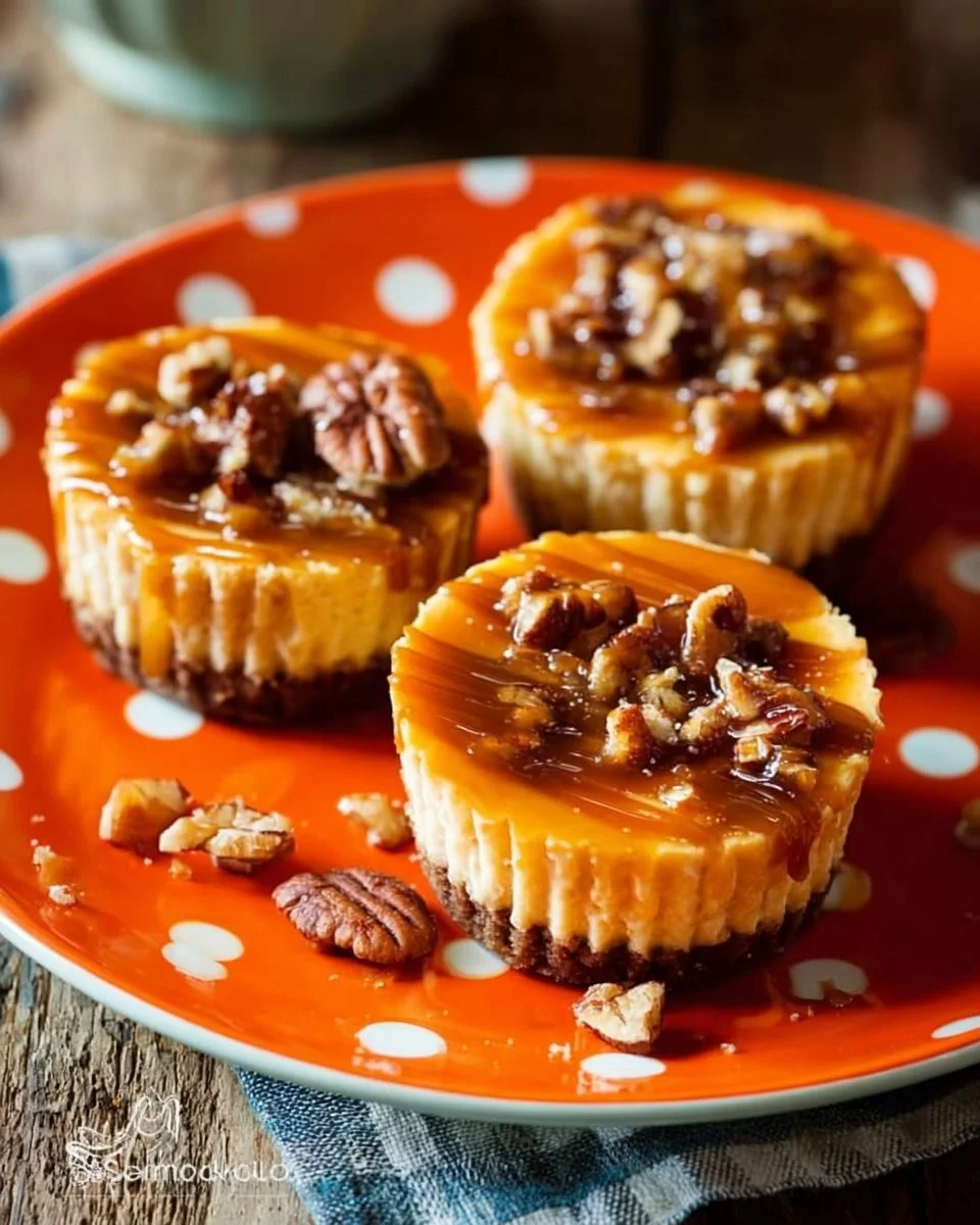 Mini pumpkin cheesecakes with gingersnap crust on a plate