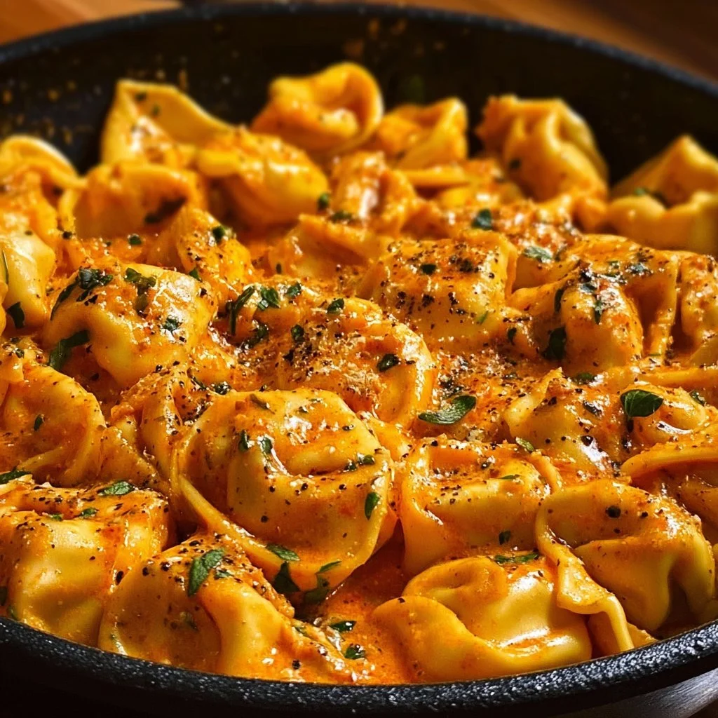 One-Pot Spicy Garlic Butter Chicken Tortellini topped with fresh herbs.