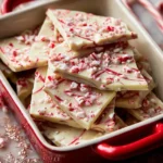 Delicious homemade peppermint bark with layers of dark and white chocolate topped with crushed candy canes.
