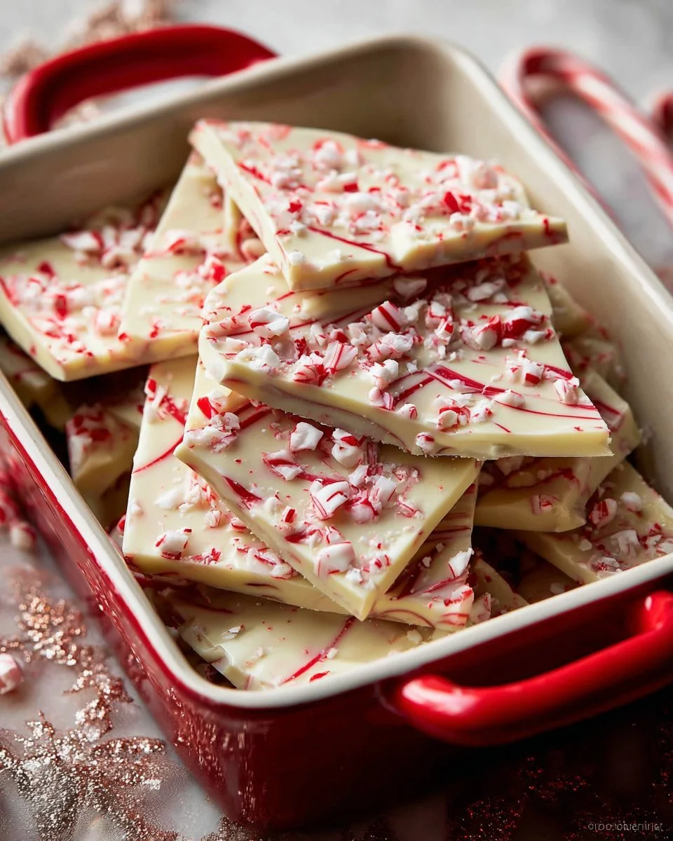Delicious homemade peppermint bark with layers of dark and white chocolate topped with crushed candy canes.