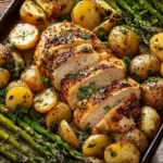 Sheet pan of garlic butter chicken and colorful veggies ready to serve