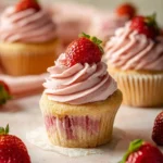 Strawberry cupcakes decorated with strawberry buttercream frosting