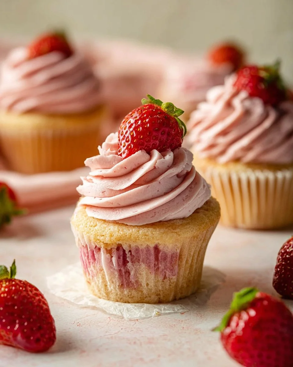Strawberry cupcakes decorated with strawberry buttercream frosting