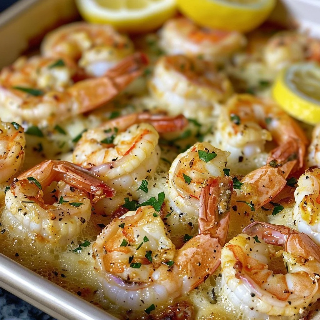 Baked Garlic Parmesan Shrimp garnished with herbs on a white plate