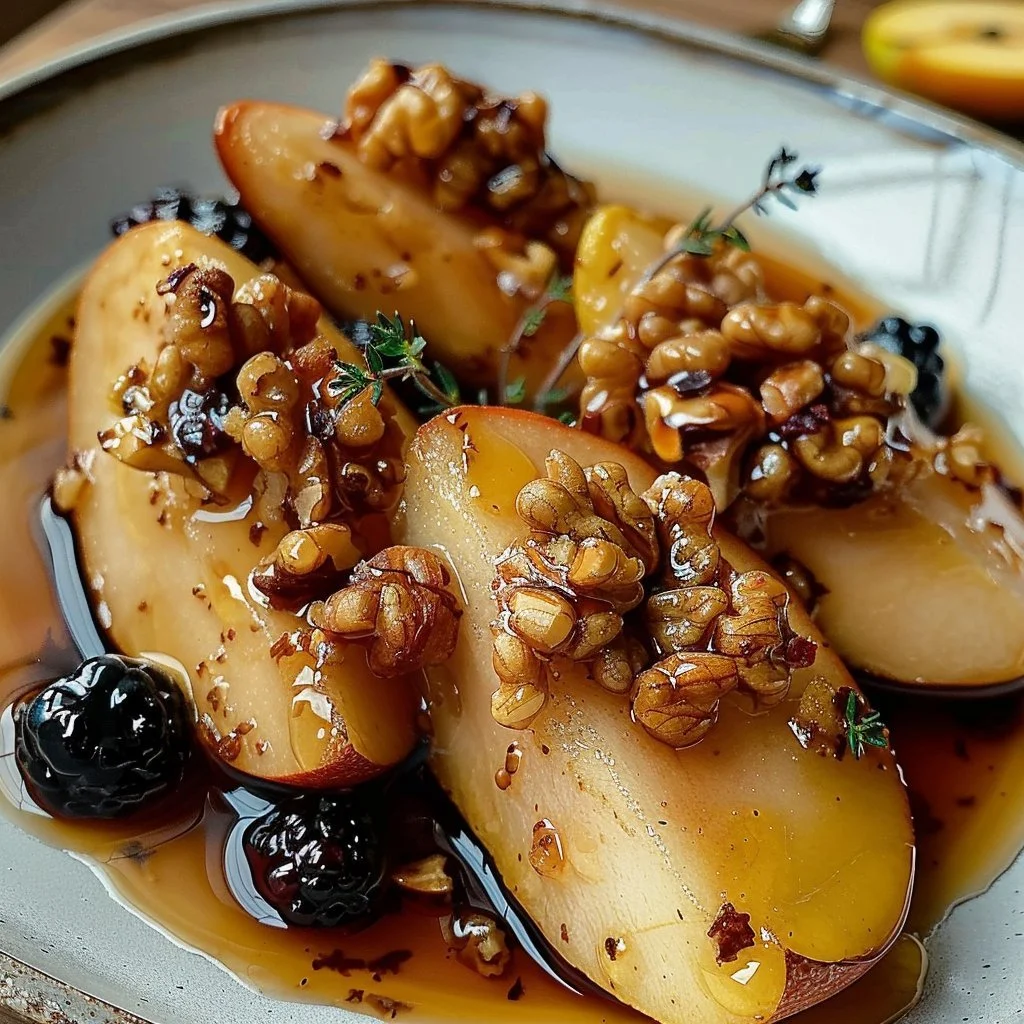 Delicious baked pears topped with honey and walnuts on a plate