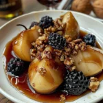 Delicious baked pears topped with honey and walnuts served on a plate