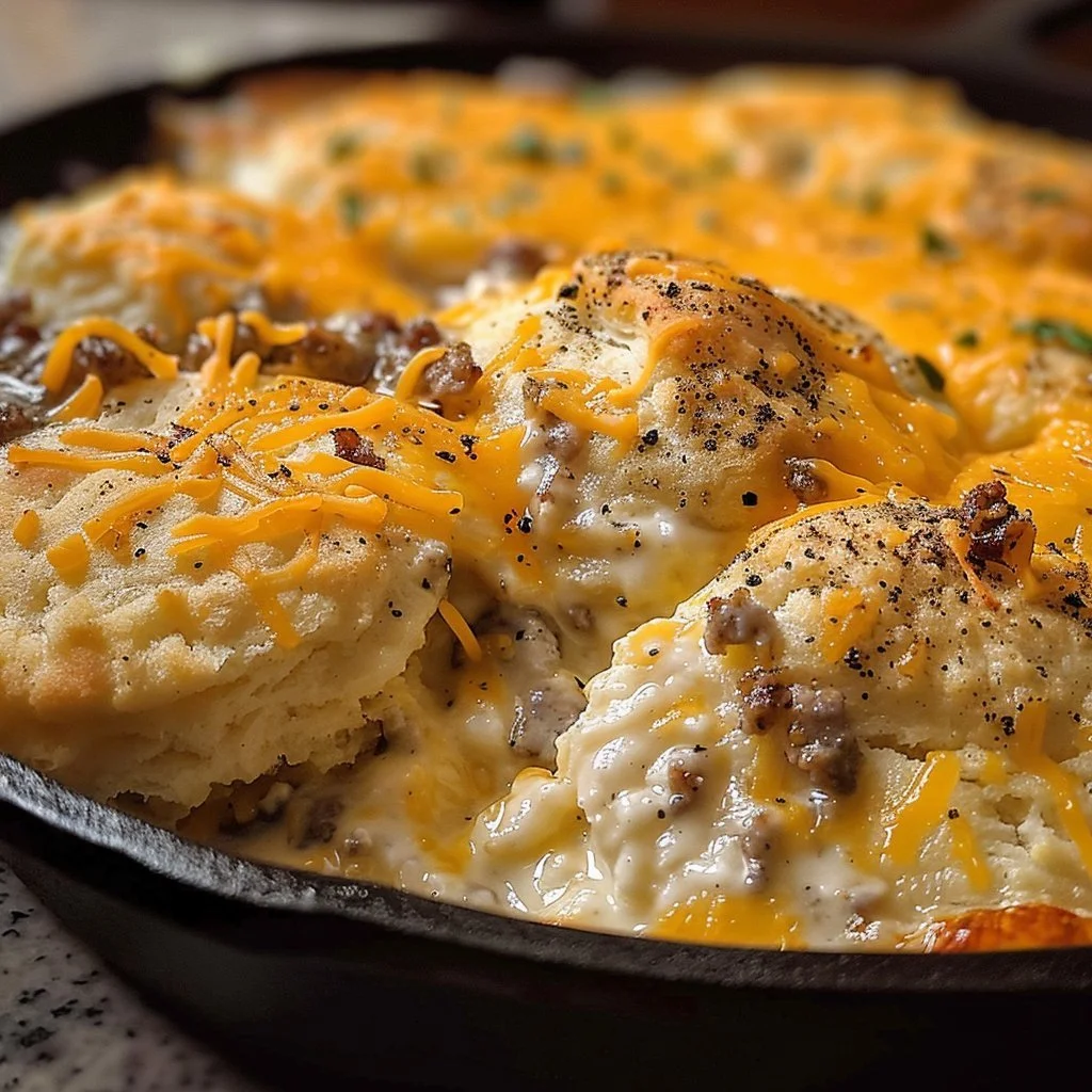 Delicious Biscuits Gravy Hashbrown Bake served in a cozy breakfast setting.