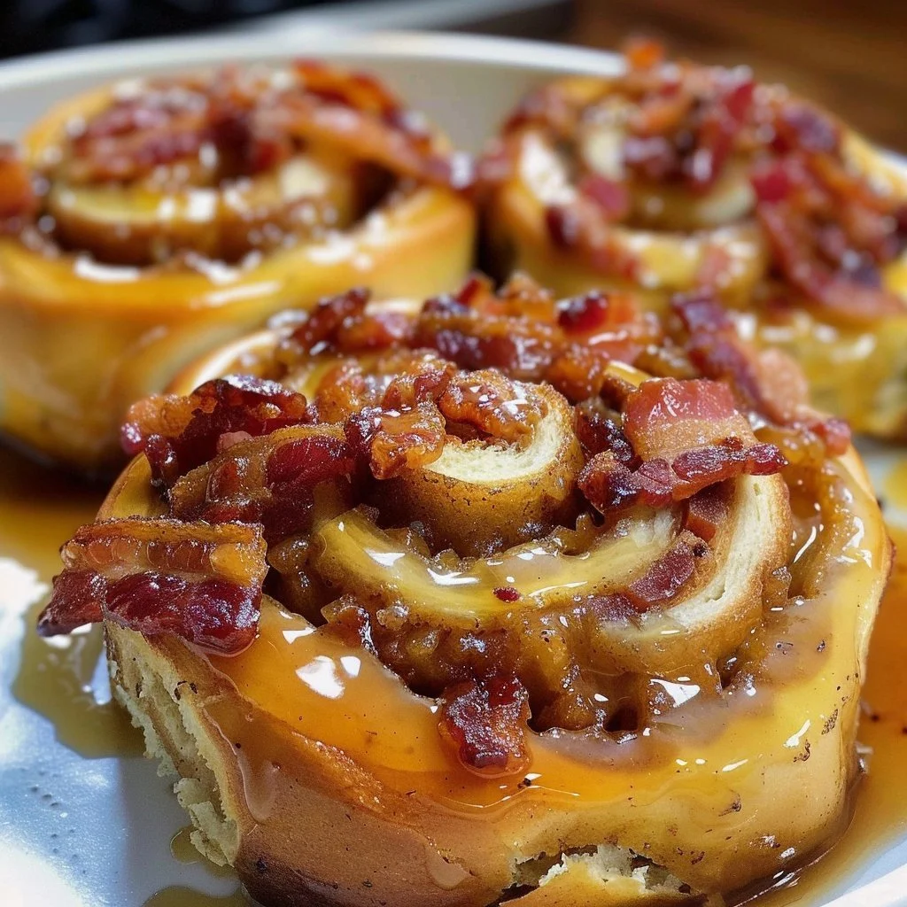 Delicious Bourbon Maple Bacon Cinnamon Rolls topped with a sweet glaze.