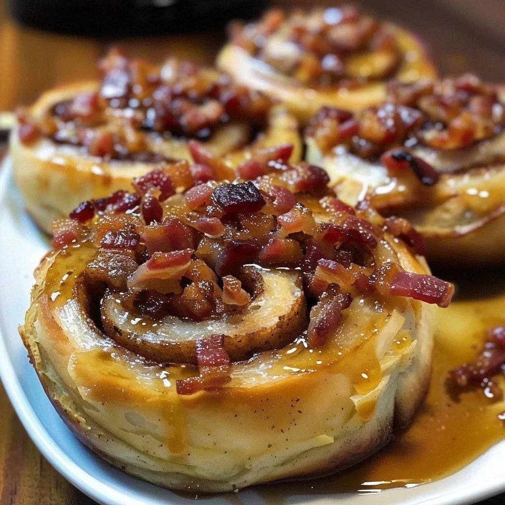 Delicious Bourbon Maple Bacon Cinnamon Rolls fresh out of the oven.