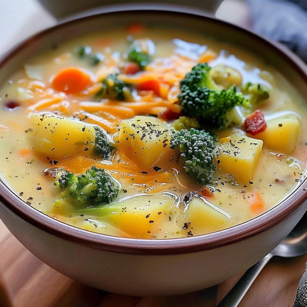 Bowl of creamy broccoli potato soup with fresh herbs and ingredients