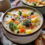Bowl of creamy Broccoli Potato Soup garnished with herbs.